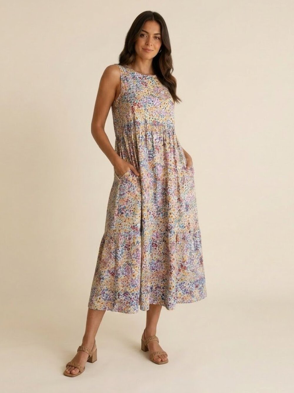 J. Crew Size 8 Yellow Tiered Midi Dress Floral Print Cotton Pockets Cottagecore